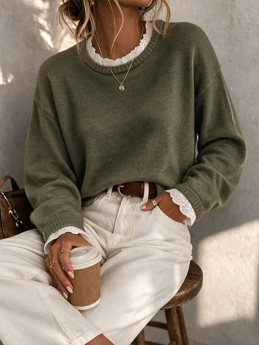 Women's Sweater with Lace and Crew Neck