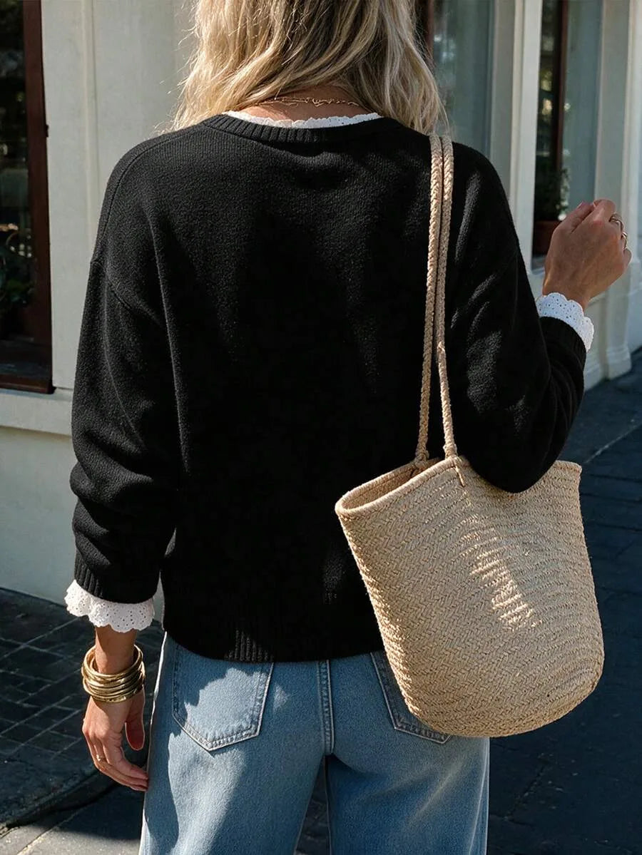 Women's Sweater with Lace and Crew Neck