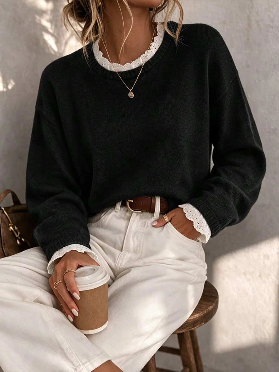 Women's Sweater with Lace and Crew Neck