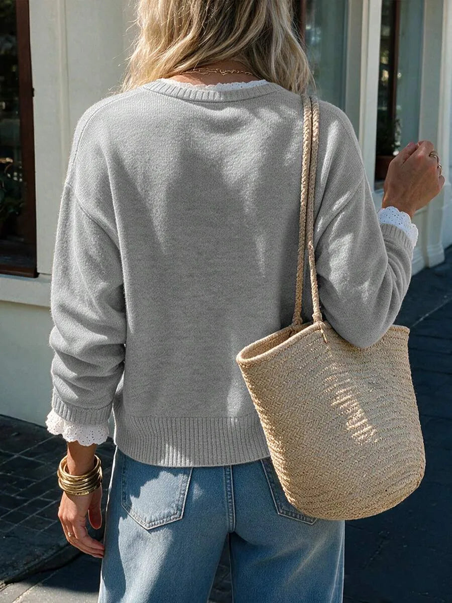 Women's Sweater with Lace and Crew Neck