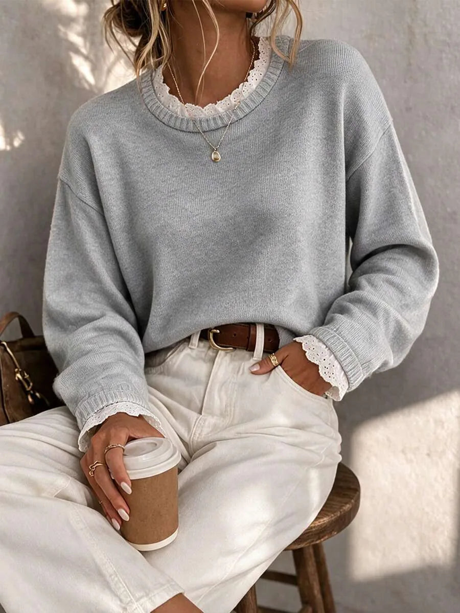 Women's Sweater with Lace and Crew Neck