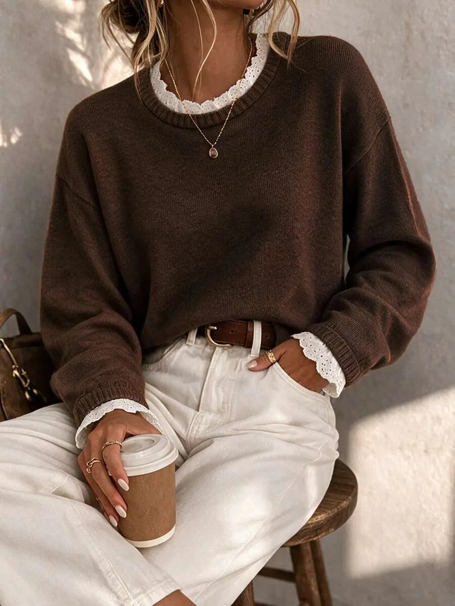 Women's Sweater with Lace and Crew Neck