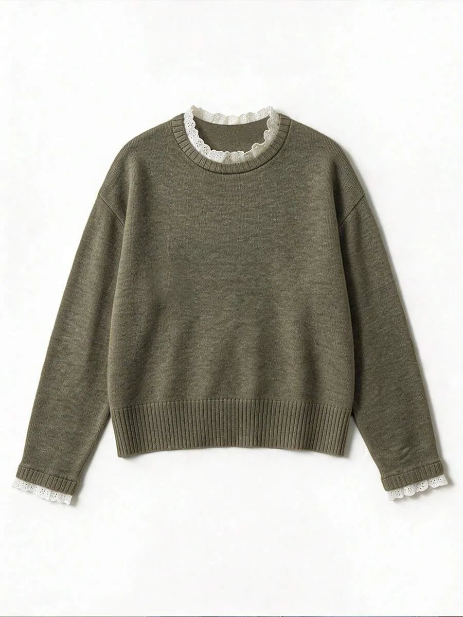 Women's Sweater with Lace and Crew Neck