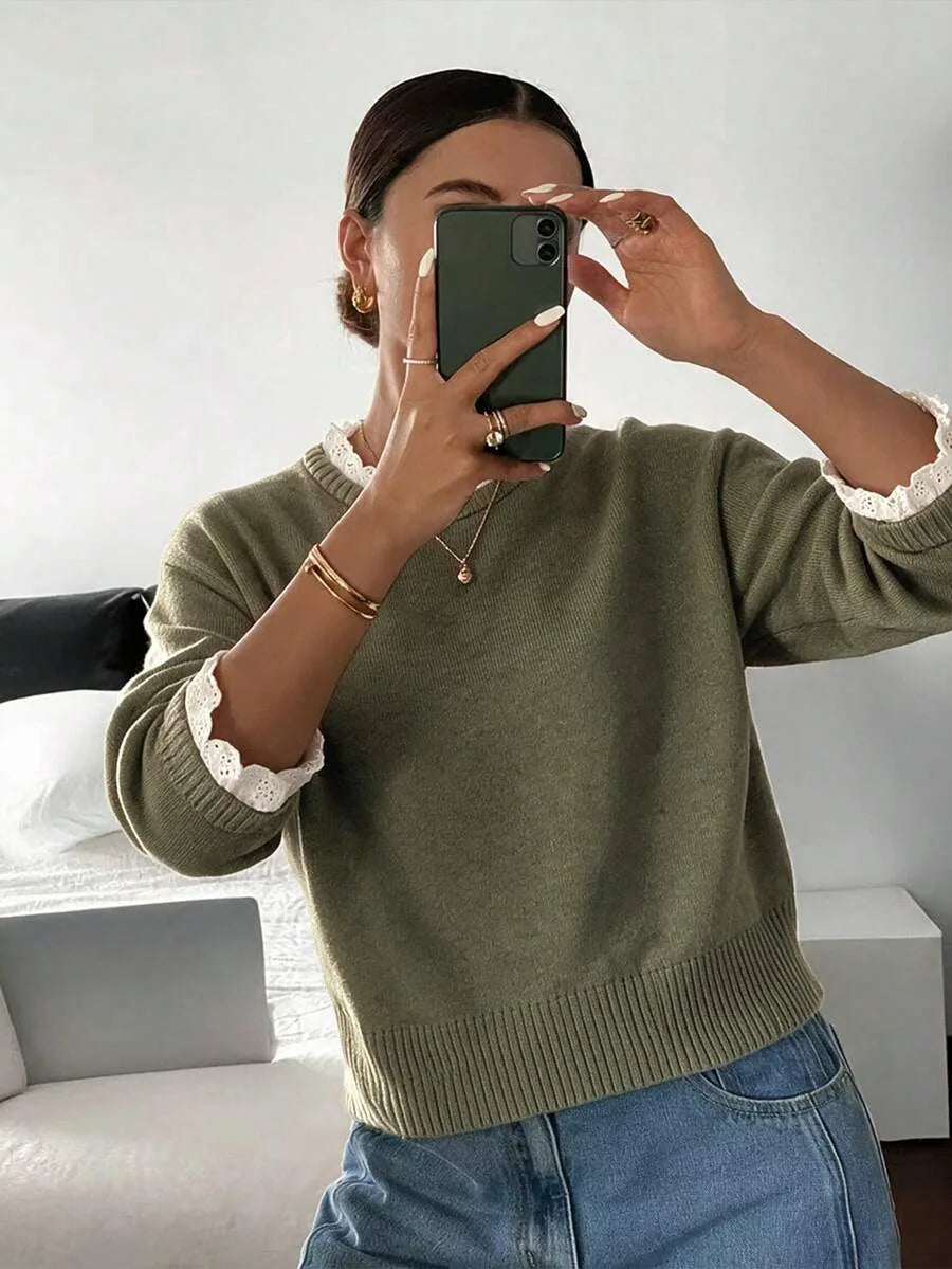 Women's Sweater with Lace and Crew Neck