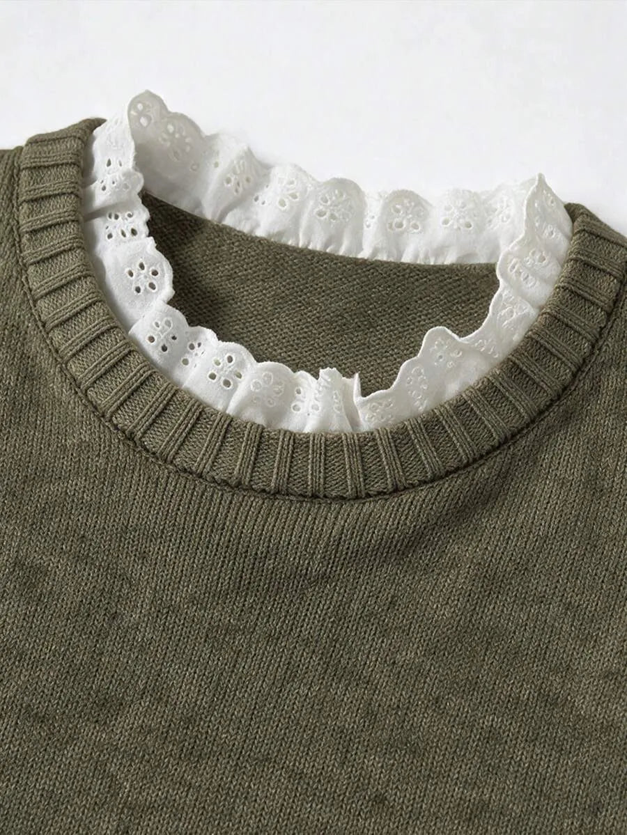 Women's Sweater with Lace and Crew Neck