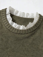 Women's Sweater with Lace and Crew Neck