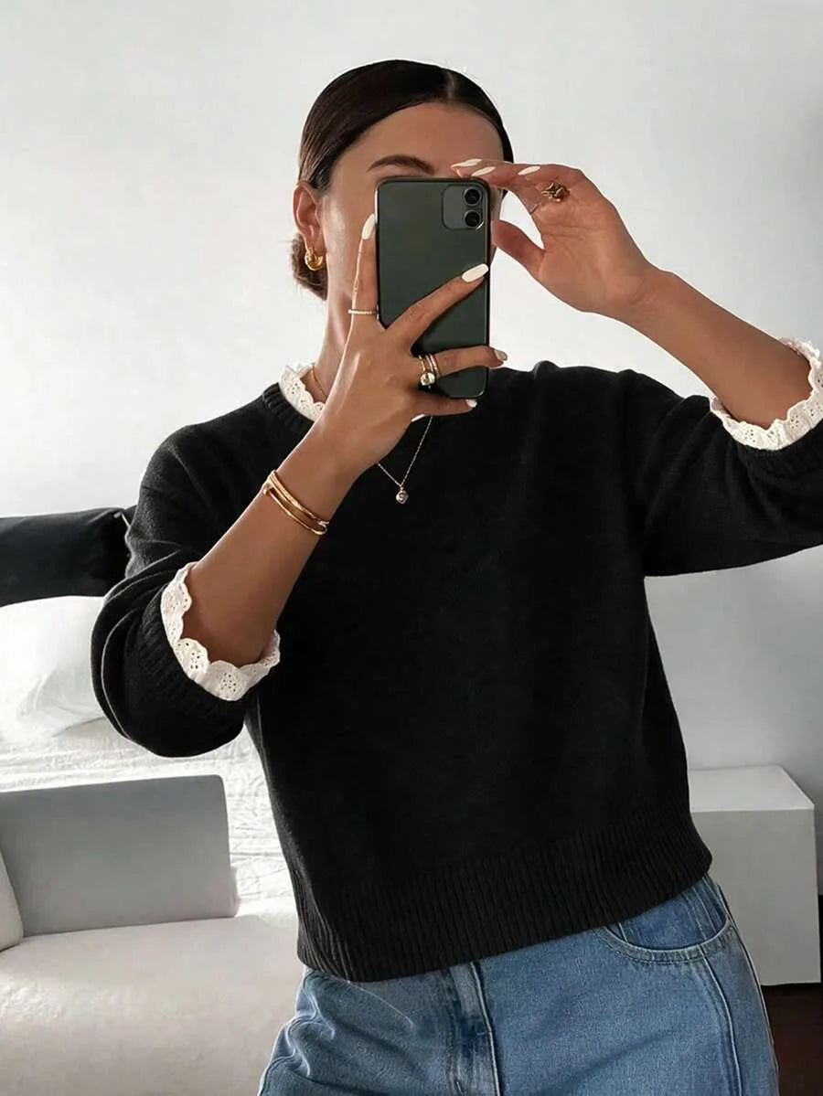 Women's Sweater with Lace and Crew Neck
