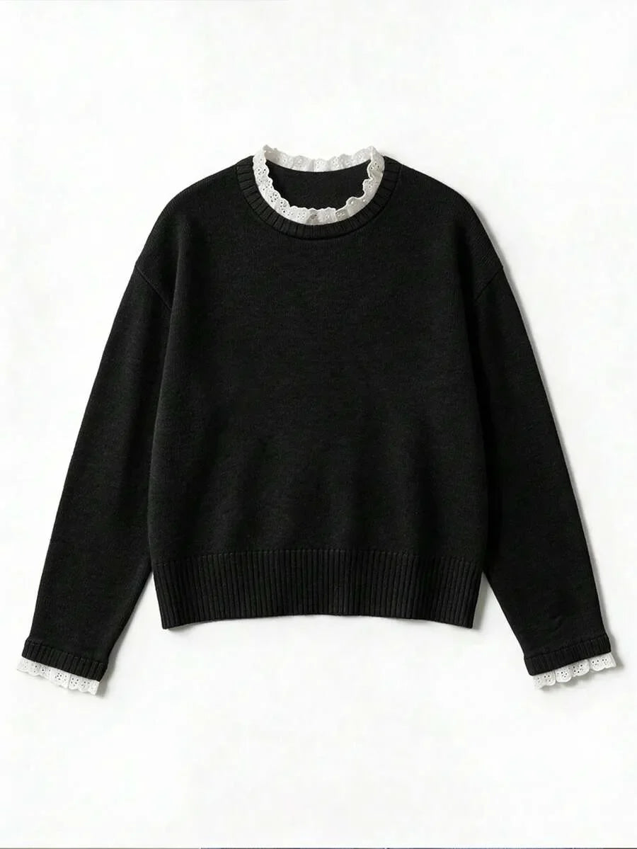 Women's Sweater with Lace and Crew Neck