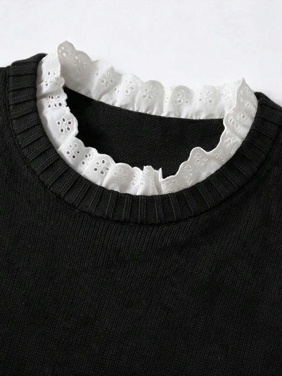 Women's Sweater with Lace and Crew Neck