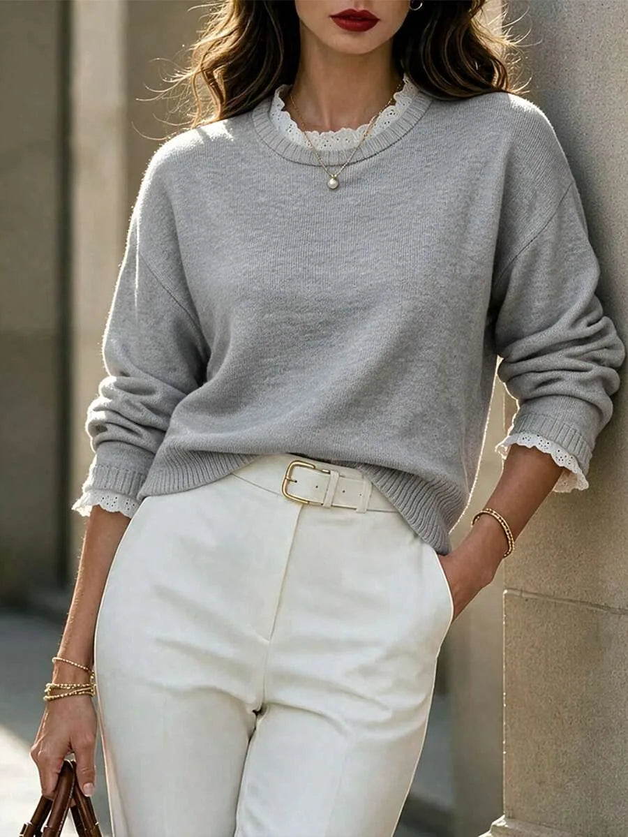 Women's Sweater with Lace and Crew Neck