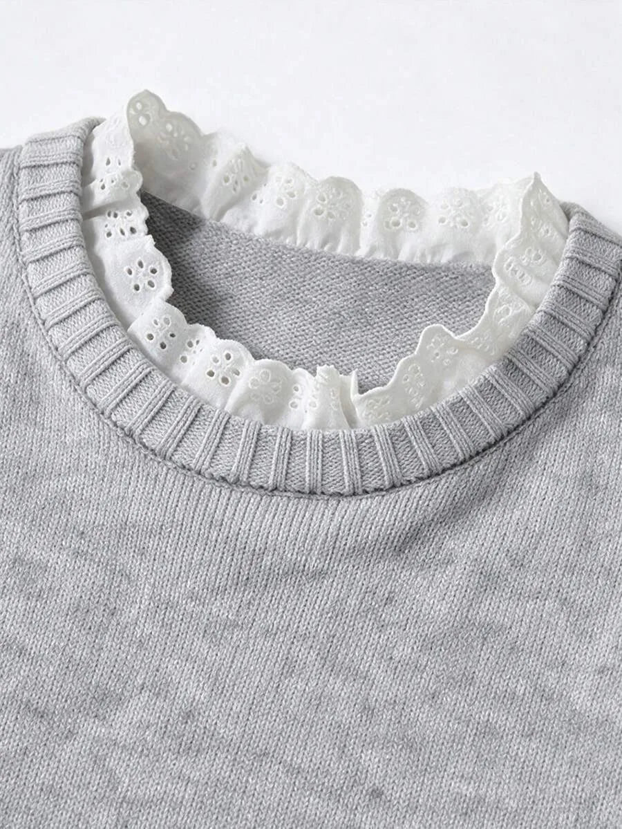 Women's Sweater with Lace and Crew Neck