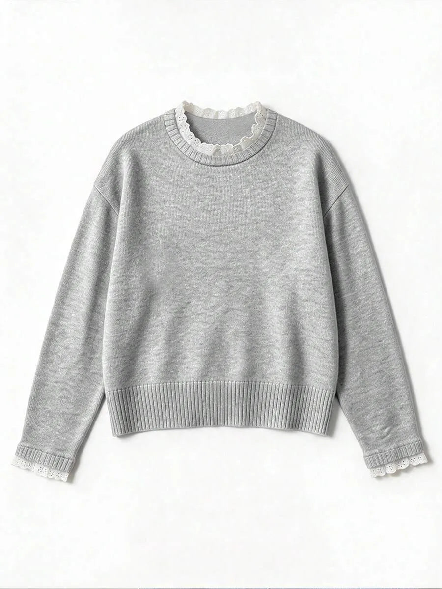 Women's Sweater with Lace and Crew Neck