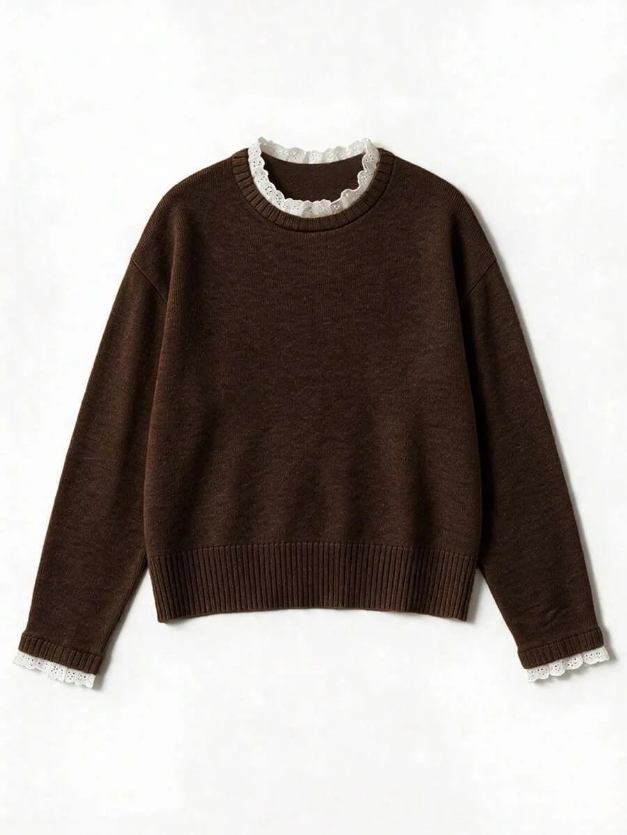 Women's Sweater with Lace and Crew Neck