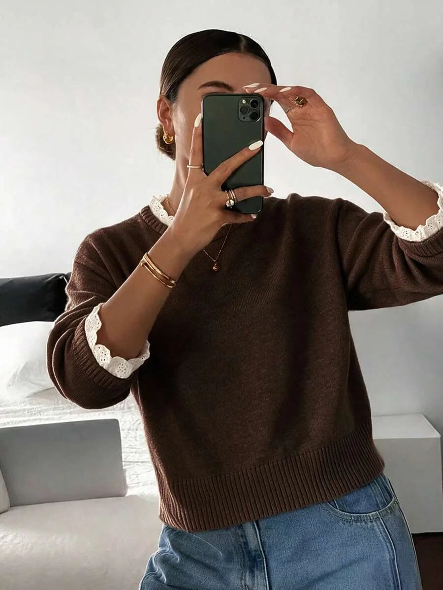 Women's Sweater with Lace and Crew Neck