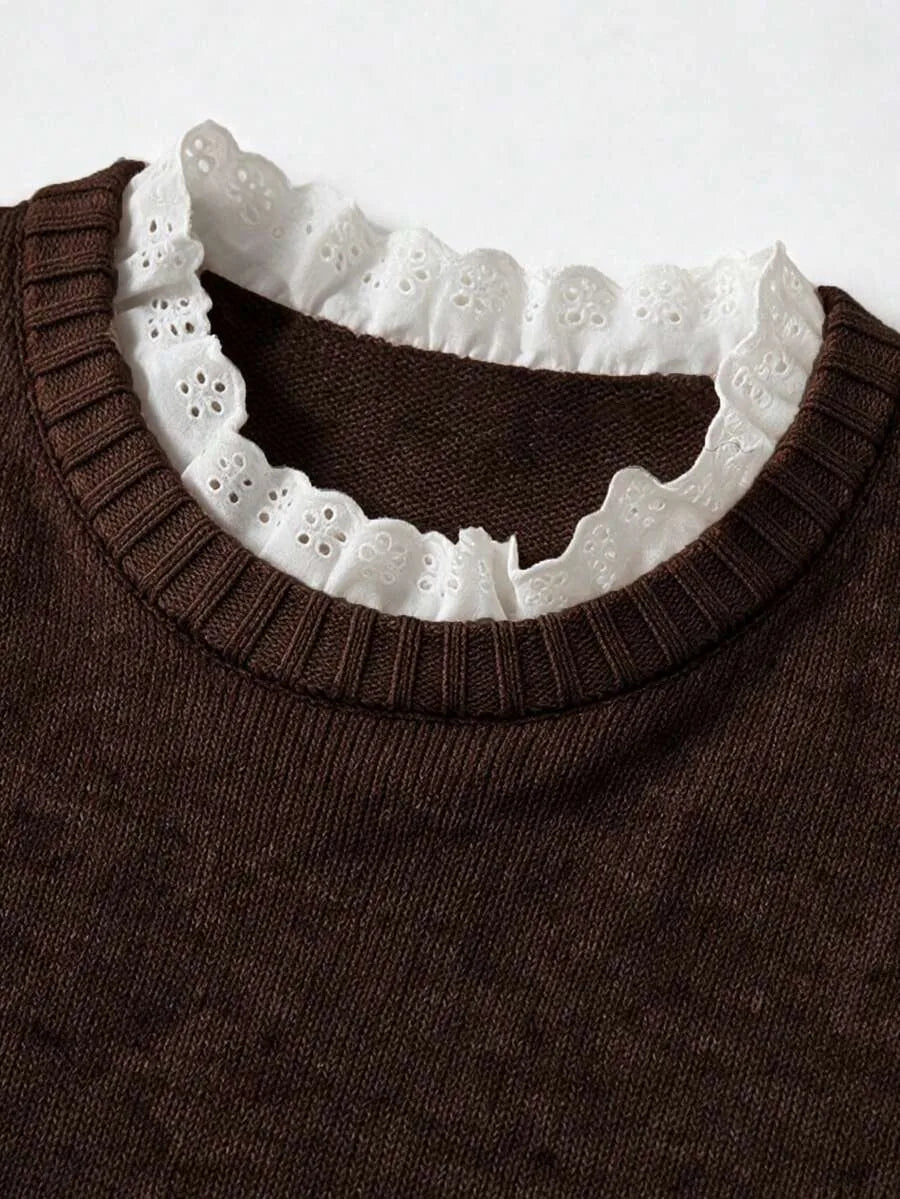 Women's Sweater with Lace and Crew Neck