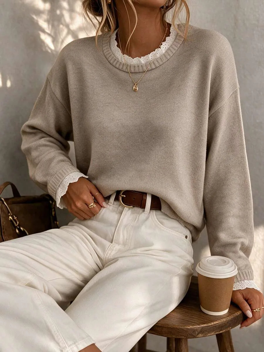 Women's Sweater with Lace and Crew Neck