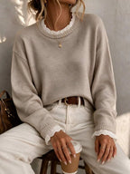 Women's Sweater with Lace and Crew Neck