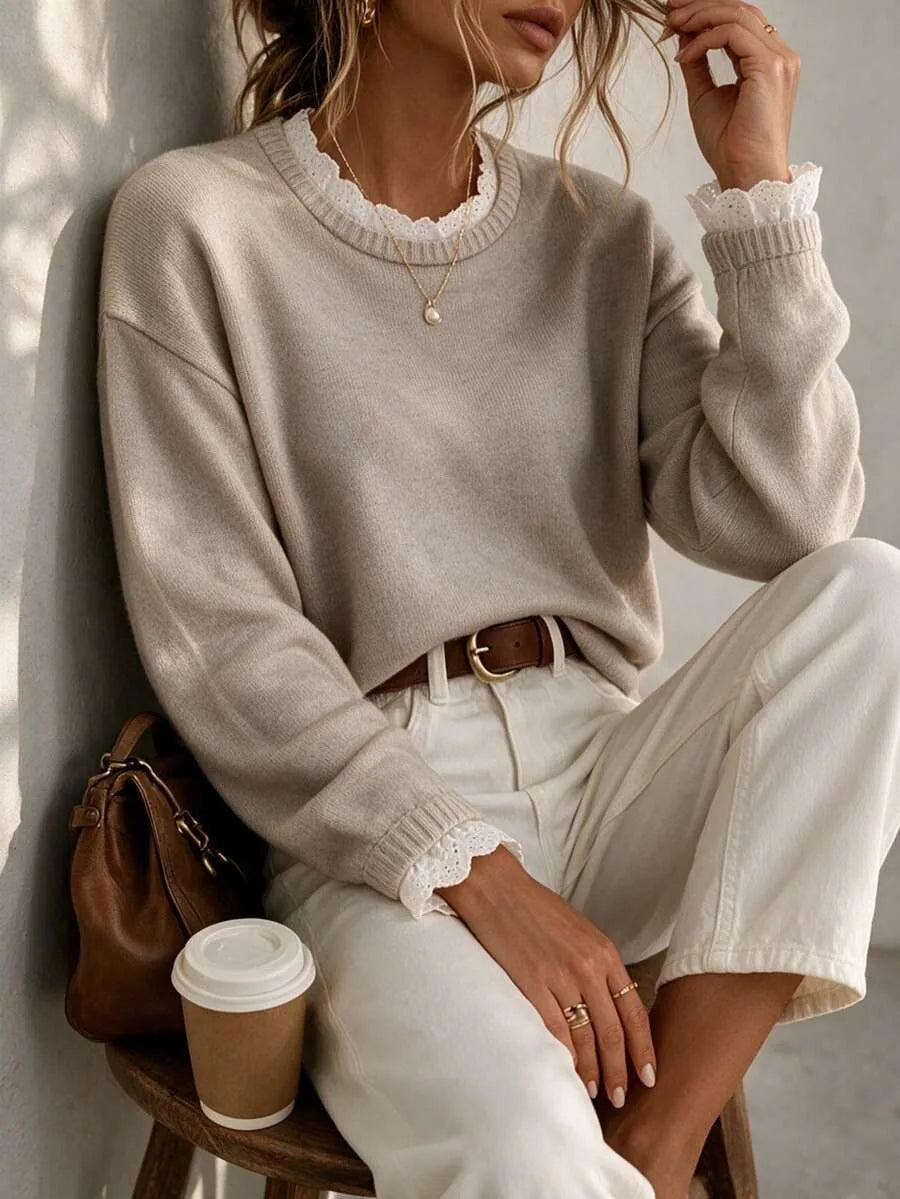 Women's Sweater with Lace and Crew Neck