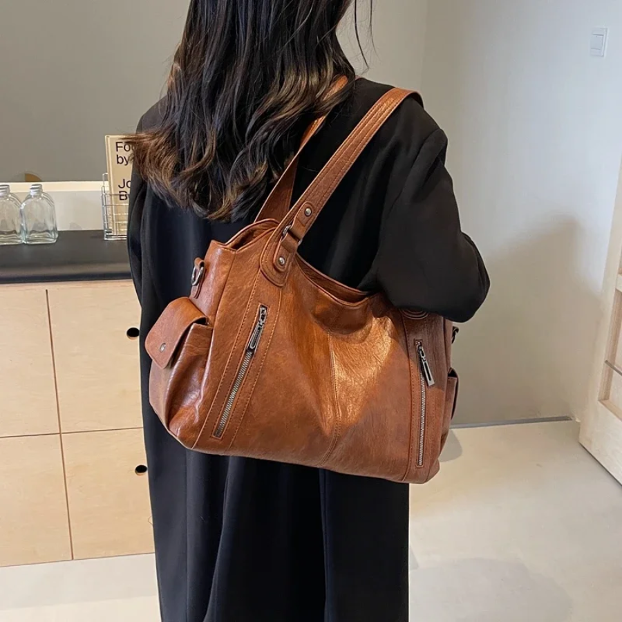 Women's Vegan Leather Shoulder Tote with Zip Pockets