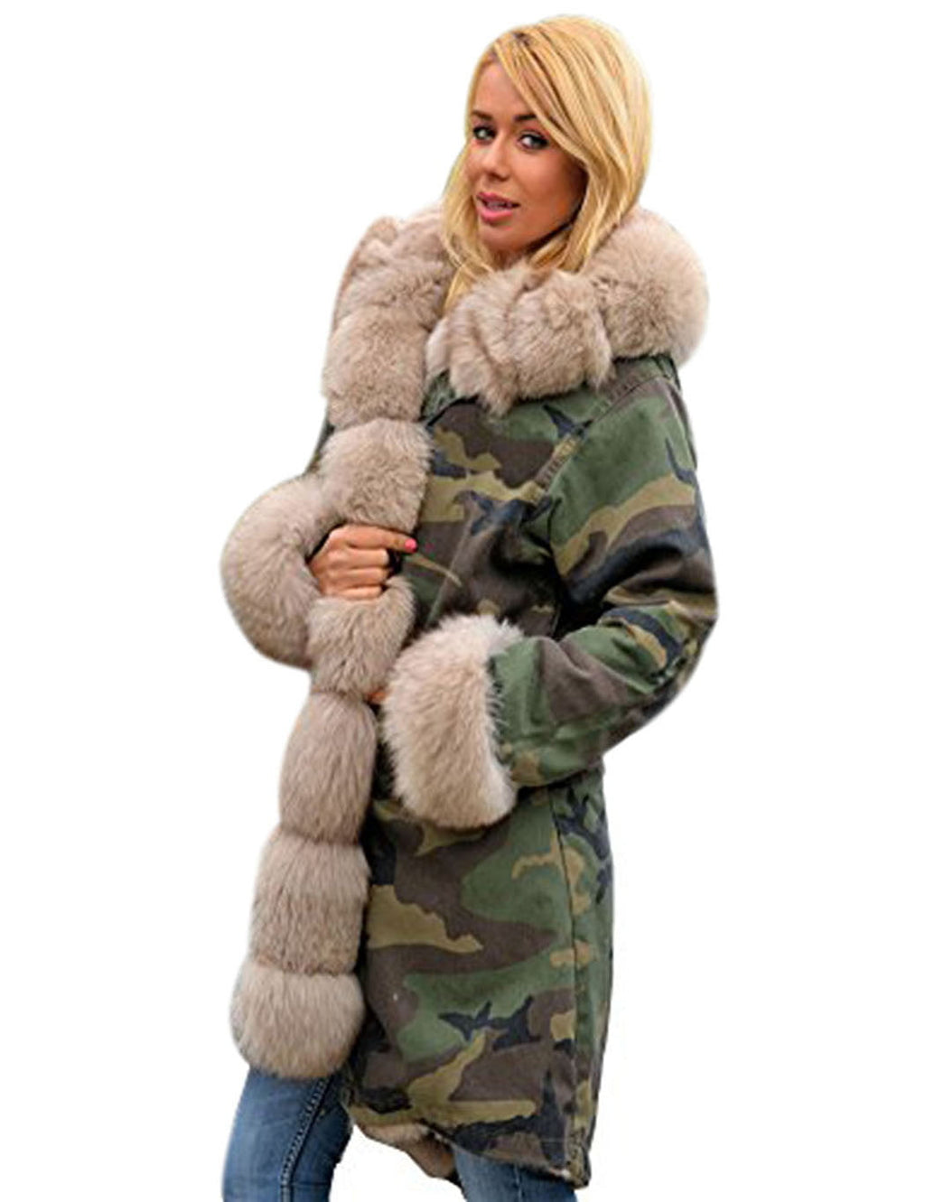 Women's Longline Camouflage Parka with Oversized Faux Fur Hood and Cuffs