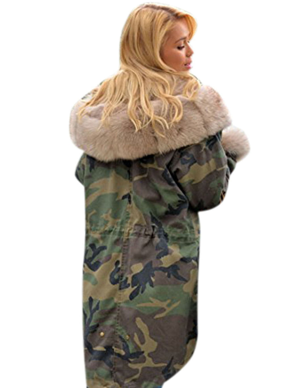 Women's Longline Camouflage Parka with Oversized Faux Fur Hood and Cuffs