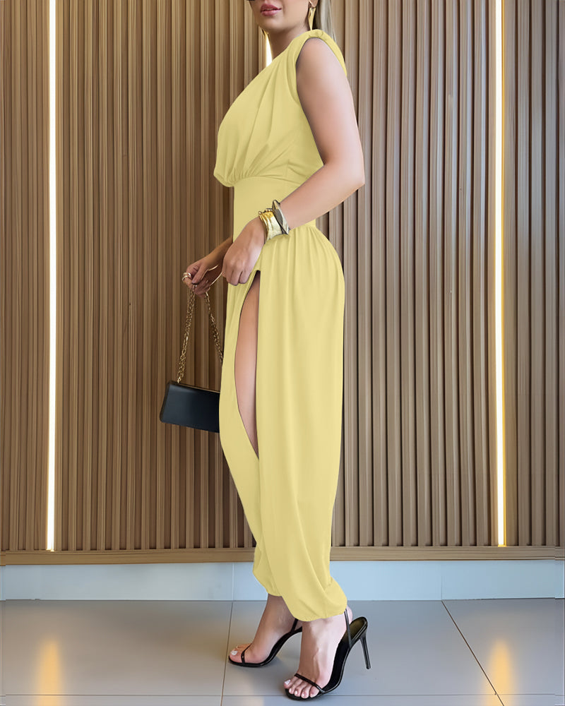 Padded Shoulders Sleeveless Cinched Waist Side High Slit Jumpsuit | Meave & Ivy