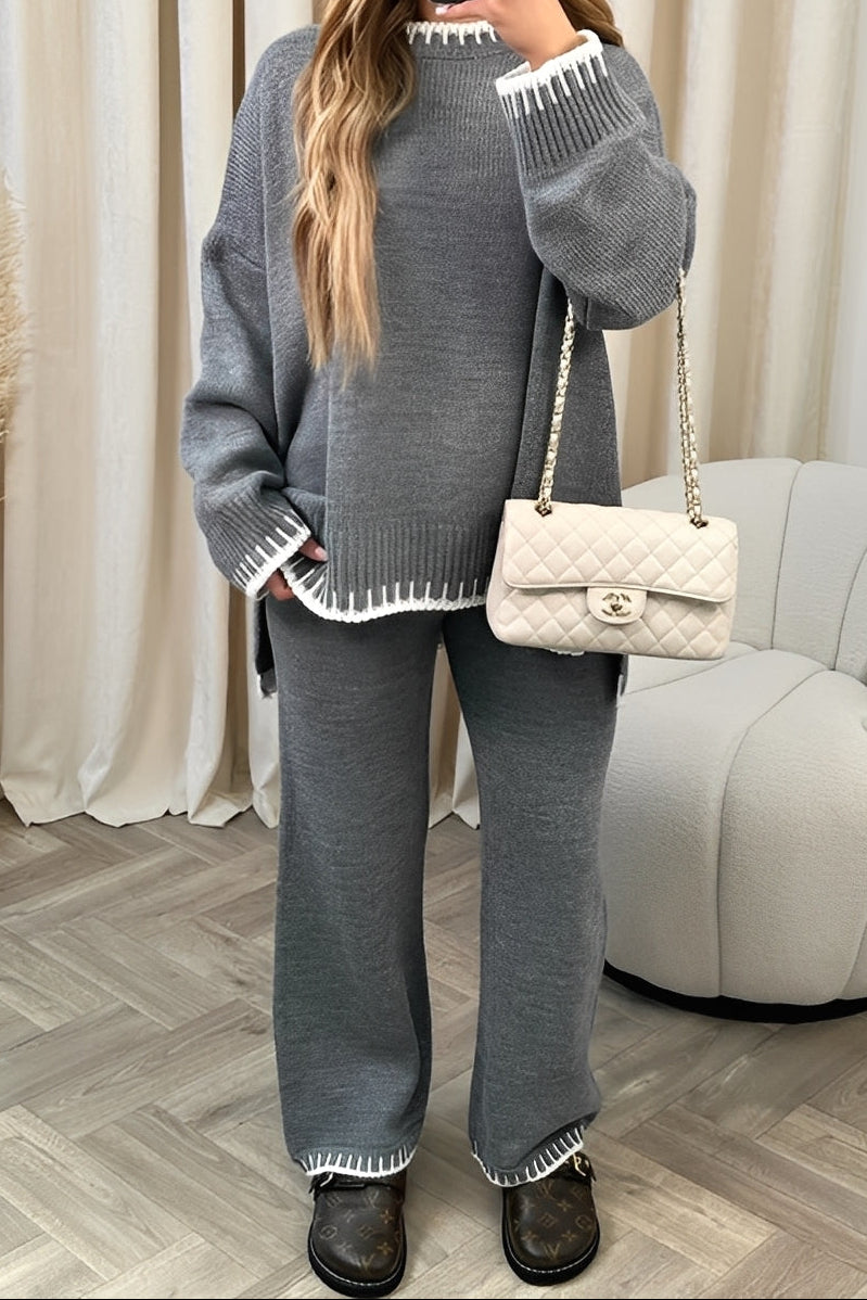 Women's Knitted Sweater and Wide-Leg Trouser Set with Contrast Ribbed Trims