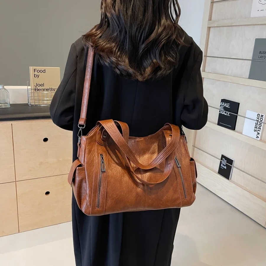 Women's Vegan Leather Shoulder Tote with Zip Pockets