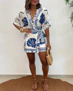 Starfish and Seashell Print V-Neck Half Sleeve Wrap Knot Romper | Meave & Ivy