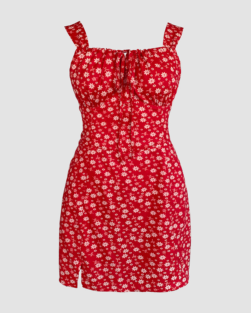 Floral Print Slit Cami Skort Romper Vacation Tie Front | Meave & Ivy