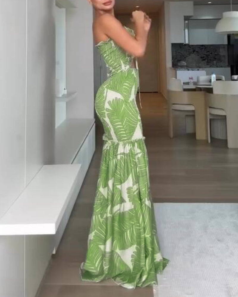 Tropical Print Halter Tie Cinched Waist Mermaid Vacation Maxi Dress | Meave & Ivy