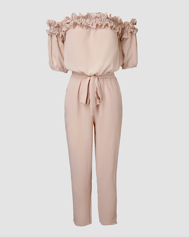 Off-Shoulder Frill Trim Short Sleeve Tie Waist Casual Jumpsuit | Meave & Ivy