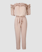 Off-Shoulder Frill Trim Short Sleeve Tie Waist Casual Jumpsuit | Meave & Ivy
