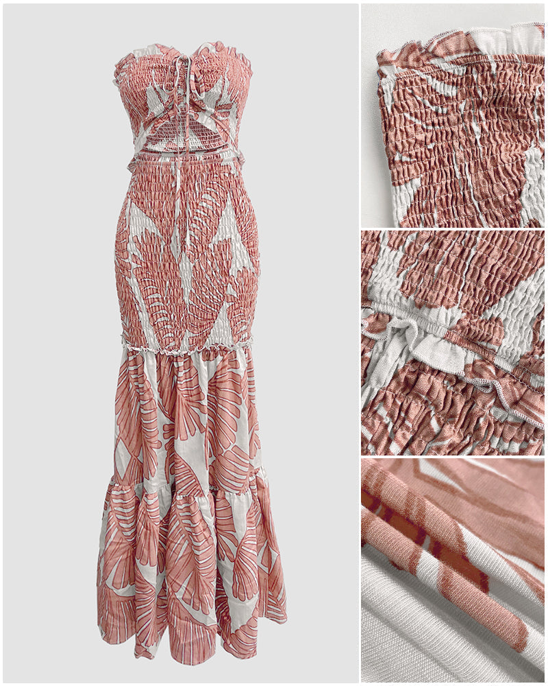 Tropical Print Halter Tie Cinched Waist Mermaid Vacation Maxi Dress | Meave & Ivy