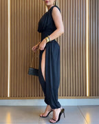 Padded Shoulders Sleeveless Cinched Waist Side High Slit Jumpsuit | Meave & Ivy