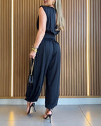 Padded Shoulders Sleeveless Cinched Waist Side High Slit Jumpsuit | Meave & Ivy