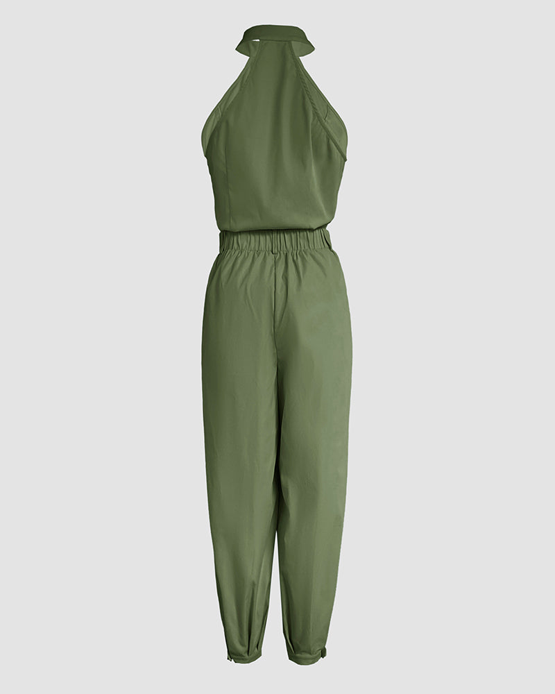 Two-Piece Sleeveless High Neck Cargo Top and Cuffed Trousers Set | Meave & Ivy