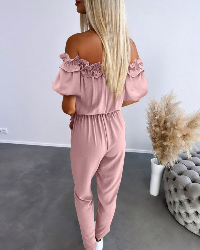 Off-Shoulder Frill Trim Short Sleeve Tie Waist Casual Jumpsuit | Meave & Ivy