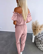 Off-Shoulder Frill Trim Short Sleeve Tie Waist Casual Jumpsuit | Meave & Ivy