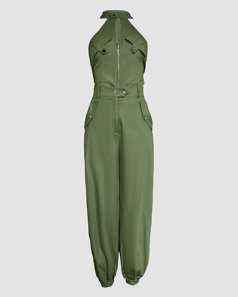Two-Piece Sleeveless High Neck Cargo Top and Cuffed Trousers Set | Meave & Ivy