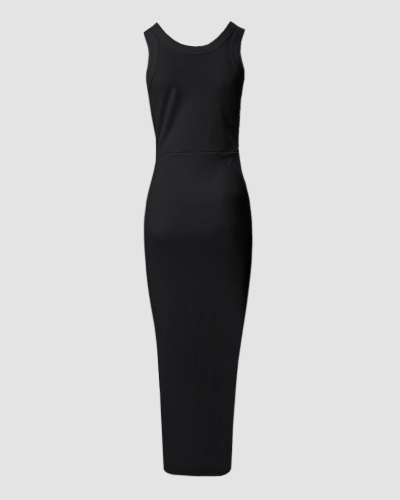 Sleeveless Ruched Bodycon Drawstring Side Slit Maxi Dress | Meave & Ivy