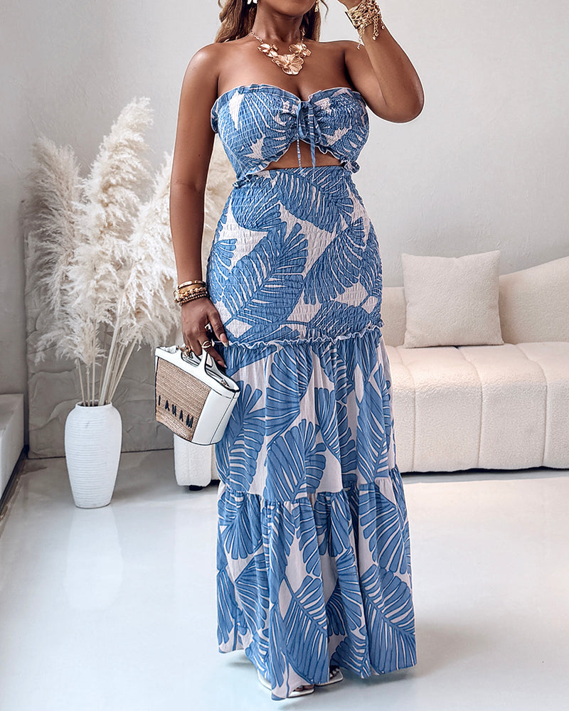 Tropical Print Halter Tie Cinched Waist Mermaid Vacation Maxi Dress | Meave & Ivy