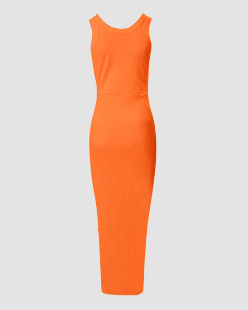 Sleeveless Ruched Bodycon Drawstring Side Slit Maxi Dress | Meave & Ivy