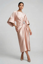 Satin Batwing Jewel Midi Dress - Elegant Wedding Guest Dress | Meave & Ivy