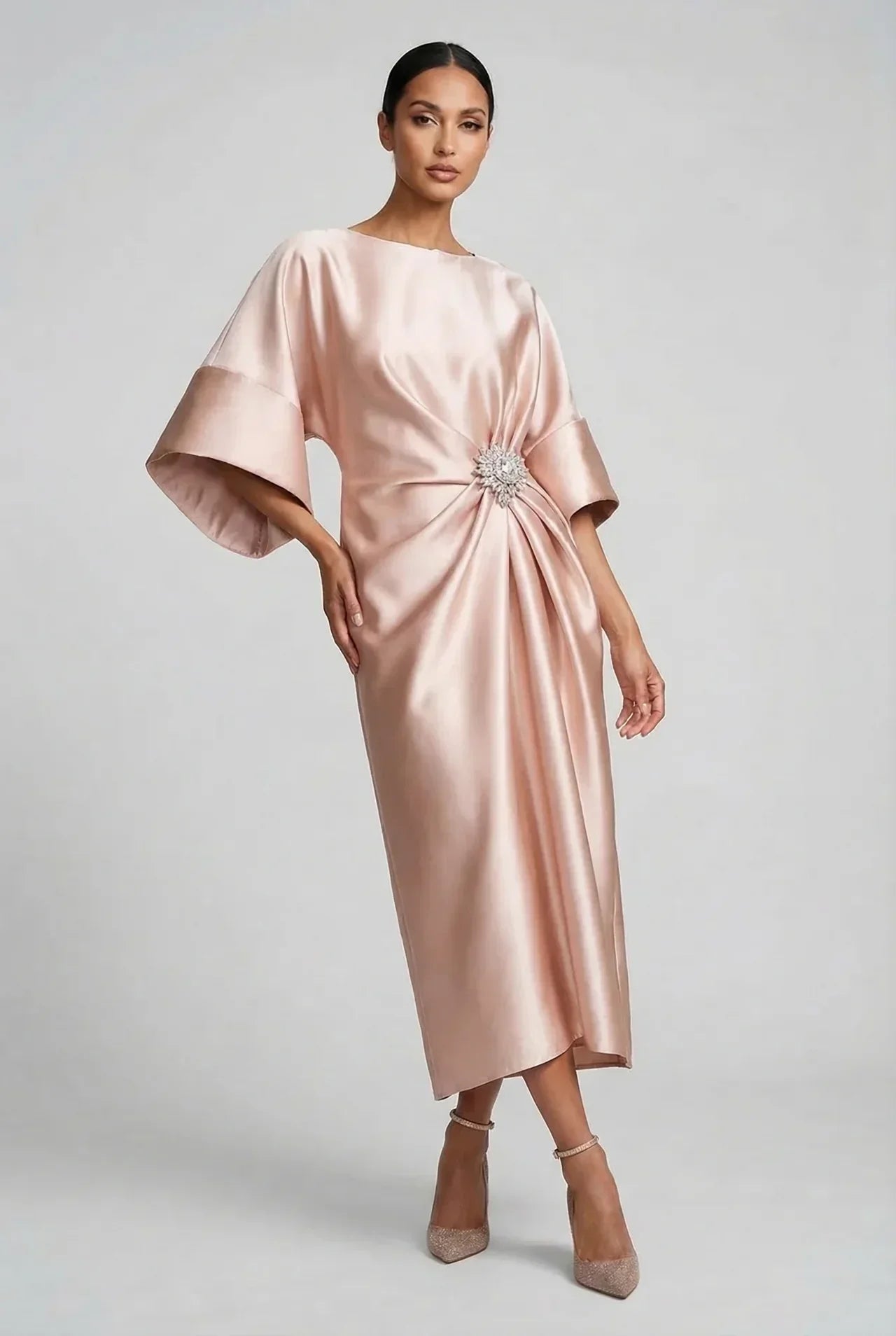 Satin Batwing Jewel Midi Dress - Elegant Wedding Guest Dress | Meave & Ivy
