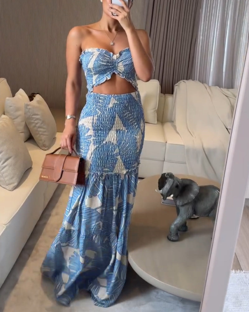Tropical Print Halter Tie Cinched Waist Mermaid Vacation Maxi Dress | Meave & Ivy