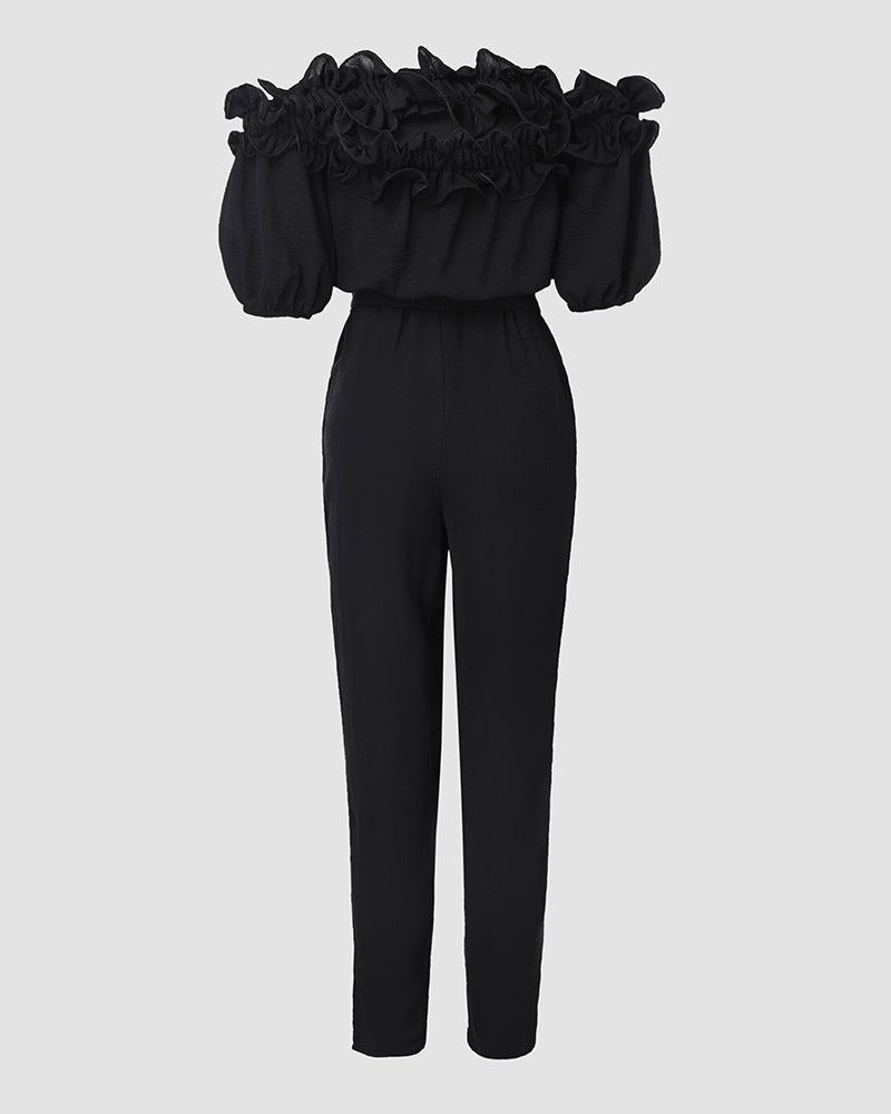 Off-Shoulder Frill Trim Short Sleeve Tie Waist Casual Jumpsuit | Meave & Ivy