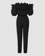 Off-Shoulder Frill Trim Short Sleeve Tie Waist Casual Jumpsuit | Meave & Ivy