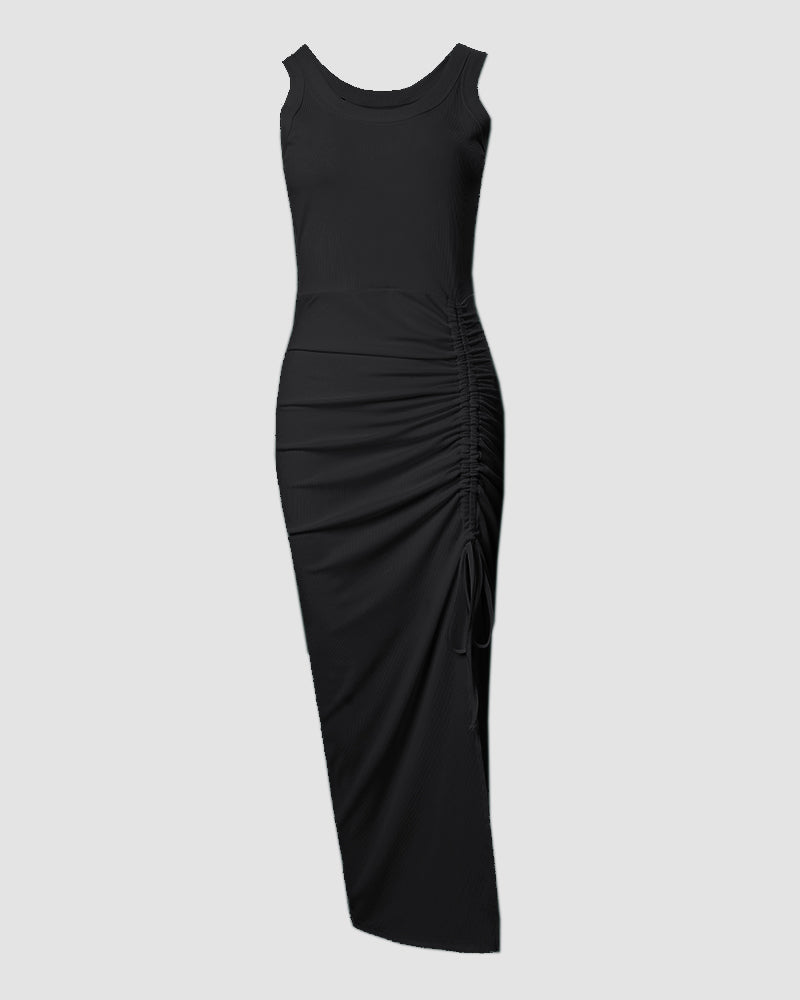 Sleeveless Ruched Bodycon Drawstring Side Slit Maxi Dress | Meave & Ivy