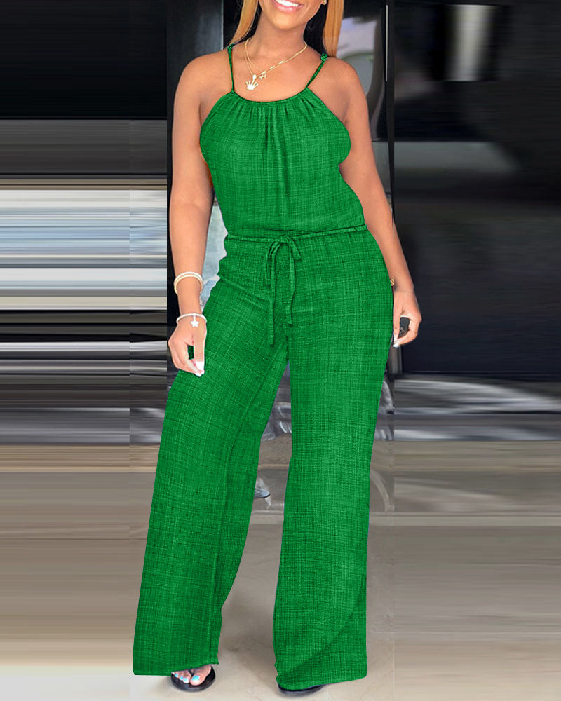 Spaghetti Strap Drawstring Tied Waist Casual Jumpsuit | Meave & Ivy